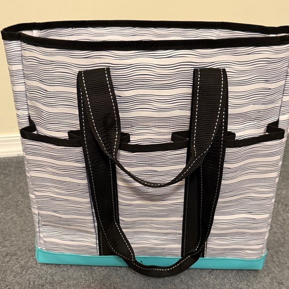 Scout Black Trimmed Tote with Turquoise Base and Navy blue wavy lines. NWOT - Picture 3 of 7